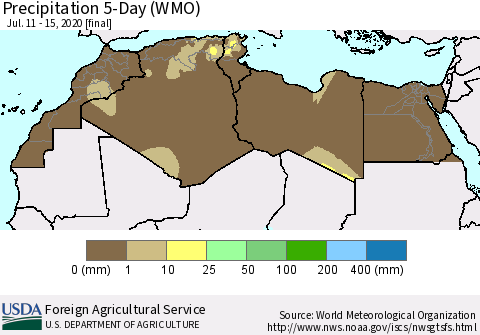 North Africa Precipitation 5-Day (WMO) Thematic Map For 7/11/2020 - 7/15/2020