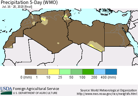 North Africa Precipitation 5-Day (WMO) Thematic Map For 7/16/2020 - 7/20/2020