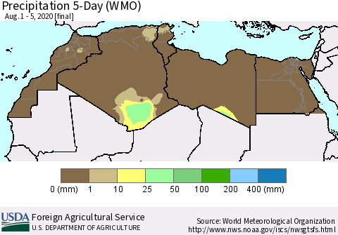 North Africa Precipitation 5-Day (WMO) Thematic Map For 8/1/2020 - 8/5/2020