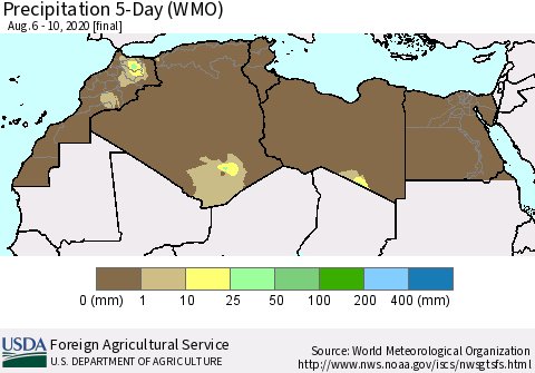 North Africa Precipitation 5-Day (WMO) Thematic Map For 8/6/2020 - 8/10/2020