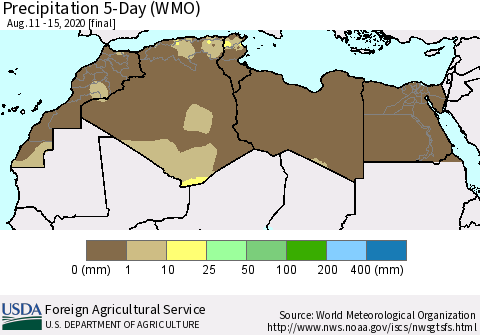 North Africa Precipitation 5-Day (WMO) Thematic Map For 8/11/2020 - 8/15/2020