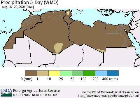 North Africa Precipitation 5-Day (WMO) Thematic Map For 8/16/2020 - 8/20/2020