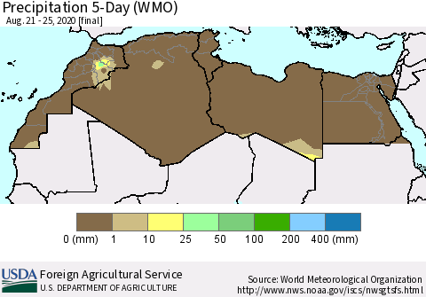 North Africa Precipitation 5-Day (WMO) Thematic Map For 8/21/2020 - 8/25/2020
