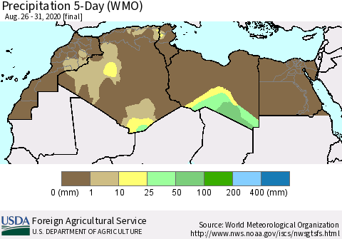North Africa Precipitation 5-Day (WMO) Thematic Map For 8/26/2020 - 8/31/2020