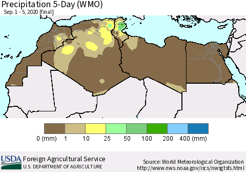 North Africa Precipitation 5-Day (WMO) Thematic Map For 9/1/2020 - 9/5/2020
