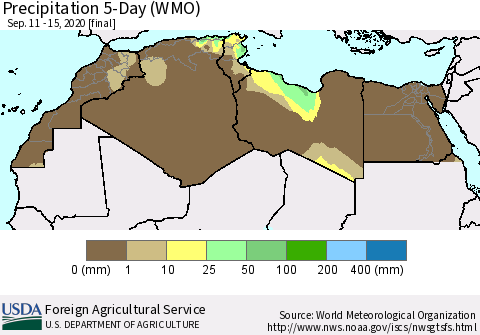 North Africa Precipitation 5-Day (WMO) Thematic Map For 9/11/2020 - 9/15/2020