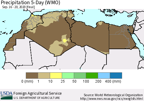North Africa Precipitation 5-Day (WMO) Thematic Map For 9/16/2020 - 9/20/2020