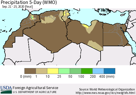 North Africa Precipitation 5-Day (WMO) Thematic Map For 9/21/2020 - 9/25/2020