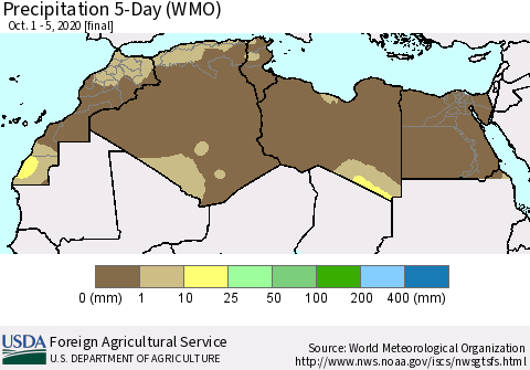 North Africa Precipitation 5-Day (WMO) Thematic Map For 10/1/2020 - 10/5/2020