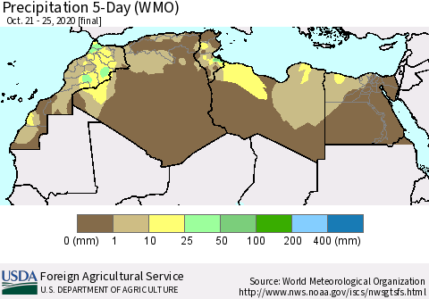 North Africa Precipitation 5-Day (WMO) Thematic Map For 10/21/2020 - 10/25/2020