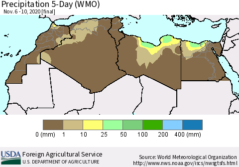 North Africa Precipitation 5-Day (WMO) Thematic Map For 11/6/2020 - 11/10/2020