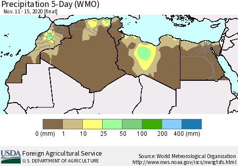 North Africa Precipitation 5-Day (WMO) Thematic Map For 11/11/2020 - 11/15/2020