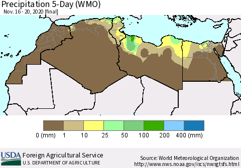 North Africa Precipitation 5-Day (WMO) Thematic Map For 11/16/2020 - 11/20/2020