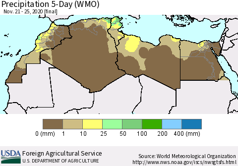 North Africa Precipitation 5-Day (WMO) Thematic Map For 11/21/2020 - 11/25/2020