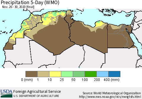 North Africa Precipitation 5-Day (WMO) Thematic Map For 11/26/2020 - 11/30/2020
