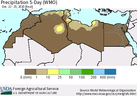 North Africa Precipitation 5-Day (WMO) Thematic Map For 12/21/2020 - 12/25/2020