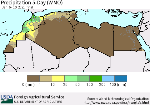 North Africa Precipitation 5-Day (WMO) Thematic Map For 1/6/2021 - 1/10/2021
