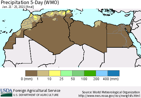 North Africa Precipitation 5-Day (WMO) Thematic Map For 1/21/2021 - 1/25/2021