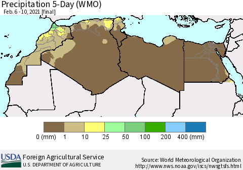 North Africa Precipitation 5-Day (WMO) Thematic Map For 2/6/2021 - 2/10/2021