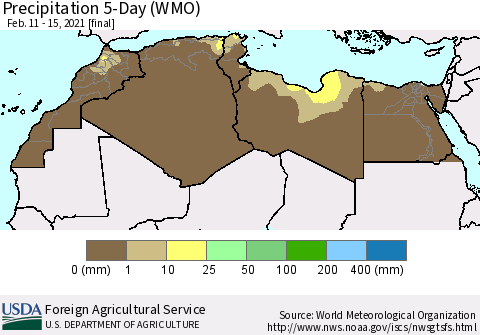 North Africa Precipitation 5-Day (WMO) Thematic Map For 2/11/2021 - 2/15/2021
