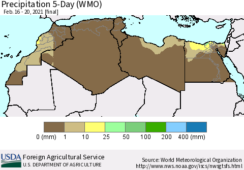 North Africa Precipitation 5-Day (WMO) Thematic Map For 2/16/2021 - 2/20/2021