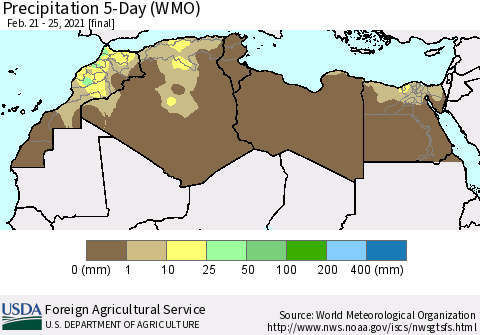 North Africa Precipitation 5-Day (WMO) Thematic Map For 2/21/2021 - 2/25/2021
