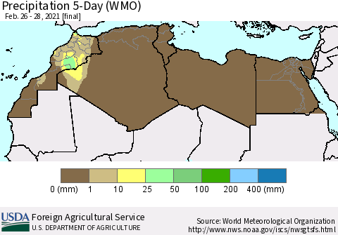 North Africa Precipitation 5-Day (WMO) Thematic Map For 2/26/2021 - 2/28/2021