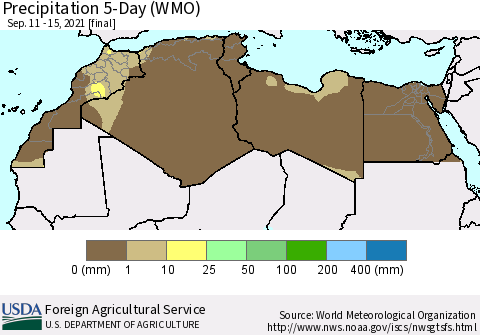 North Africa Precipitation 5-Day (WMO) Thematic Map For 9/11/2021 - 9/15/2021