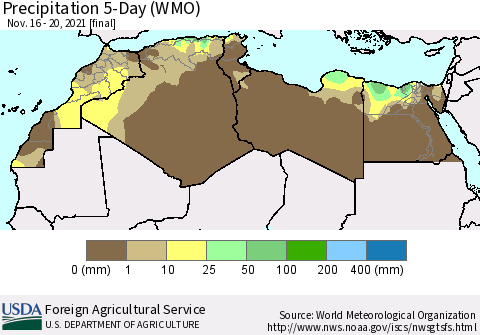 North Africa Precipitation 5-Day (WMO) Thematic Map For 11/16/2021 - 11/20/2021