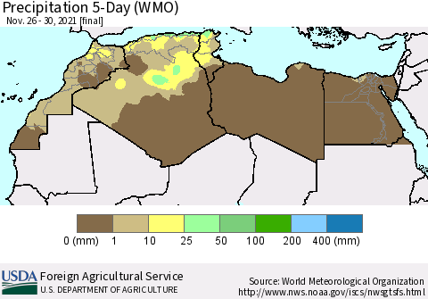 North Africa Precipitation 5-Day (WMO) Thematic Map For 11/26/2021 - 11/30/2021