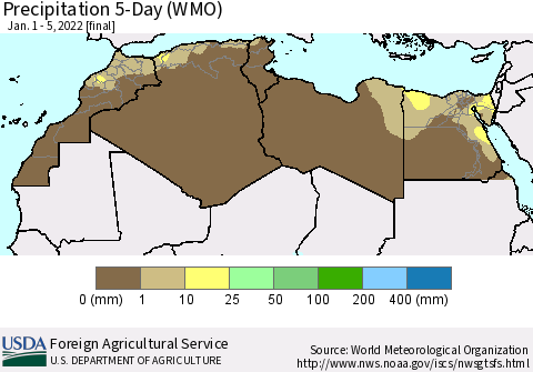 North Africa Precipitation 5-Day (WMO) Thematic Map For 1/1/2022 - 1/5/2022