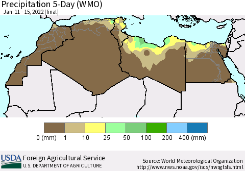 North Africa Precipitation 5-Day (WMO) Thematic Map For 1/11/2022 - 1/15/2022