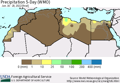 North Africa Precipitation 5-Day (WMO) Thematic Map For 1/16/2022 - 1/20/2022