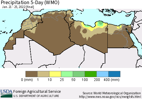 North Africa Precipitation 5-Day (WMO) Thematic Map For 1/21/2022 - 1/25/2022