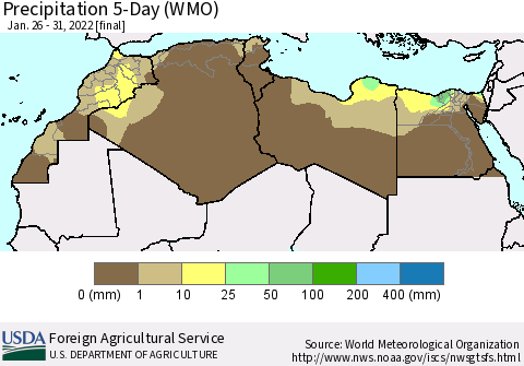 North Africa Precipitation 5-Day (WMO) Thematic Map For 1/26/2022 - 1/31/2022