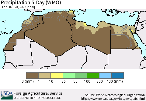 North Africa Precipitation 5-Day (WMO) Thematic Map For 2/16/2022 - 2/20/2022