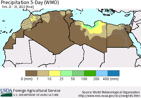 North Africa Precipitation 5-Day (WMO) Thematic Map For 2/21/2022 - 2/25/2022