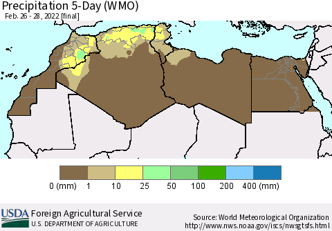 North Africa Precipitation 5-Day (WMO) Thematic Map For 2/26/2022 - 2/28/2022