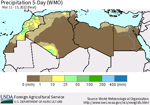 North Africa Precipitation 5-Day (WMO) Thematic Map For 3/11/2022 - 3/15/2022