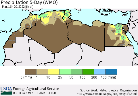 North Africa Precipitation 5-Day (WMO) Thematic Map For 3/16/2022 - 3/20/2022