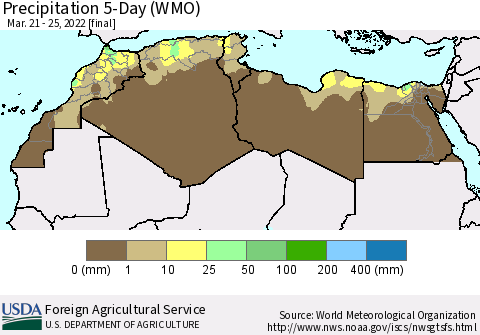 North Africa Precipitation 5-Day (WMO) Thematic Map For 3/21/2022 - 3/25/2022