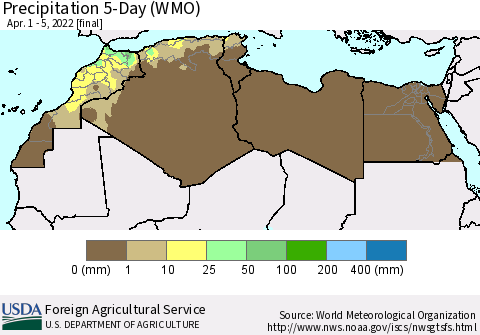 North Africa Precipitation 5-Day (WMO) Thematic Map For 4/1/2022 - 4/5/2022