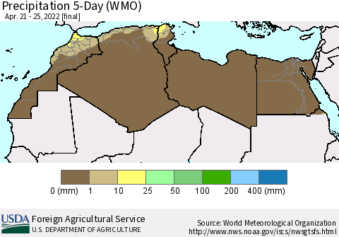 North Africa Precipitation 5-Day (WMO) Thematic Map For 4/21/2022 - 4/25/2022