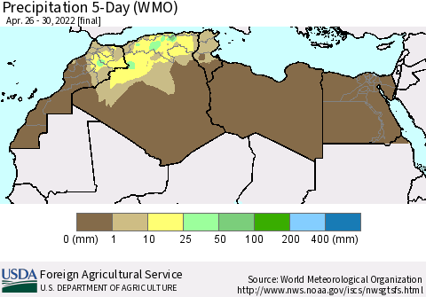 North Africa Precipitation 5-Day (WMO) Thematic Map For 4/26/2022 - 4/30/2022