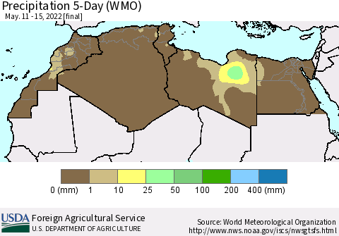 North Africa Precipitation 5-Day (WMO) Thematic Map For 5/11/2022 - 5/15/2022