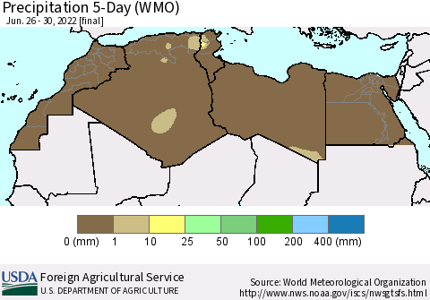 North Africa Precipitation 5-Day (WMO) Thematic Map For 6/26/2022 - 6/30/2022