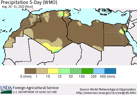 North Africa Precipitation 5-Day (WMO) Thematic Map For 8/26/2022 - 8/31/2022
