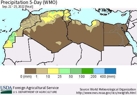 North Africa Precipitation 5-Day (WMO) Thematic Map For 9/21/2022 - 9/25/2022