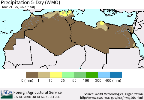 North Africa Precipitation 5-Day (WMO) Thematic Map For 11/21/2022 - 11/25/2022