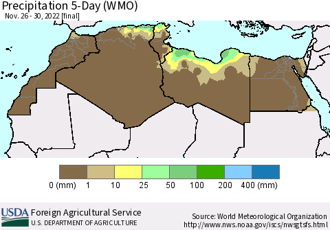 North Africa Precipitation 5-Day (WMO) Thematic Map For 11/26/2022 - 11/30/2022